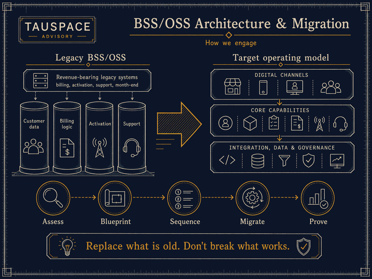 BSS transformation: coexistence, sequencing, and the joins between the current operating stack and the target architecture — the same operating problem the Operator Suite is packaged to carry.