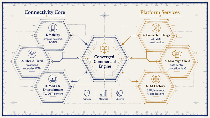 The hexa-play around the Converged Commercial Engine. Connectivity Core on one side: mobility, fibre and fixed, media and entertainment. Platform Services on the other: connected things, sovereign cloud, AI factory. All six on one engine, governed and monetised through one fabric.